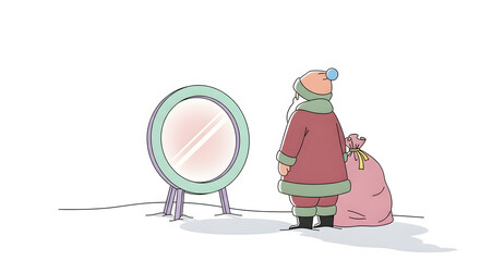 Whimsical cartoon illustration of a tall fluffy character in a festive red and green coat and hat looking into an oval mirror isolated on white background