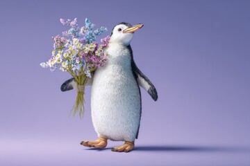 Fototapeta premium A charming penguin stands holding a bouquet of colorful flowers against a solid purple backdrop