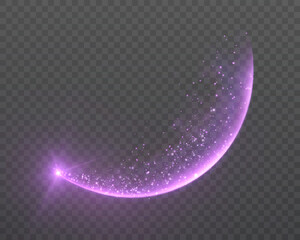 A purple magical comet effect with multiple sparkling bokeh and shimmering light effects. A magical semicircular flow for web design and fairy tales. Vector.