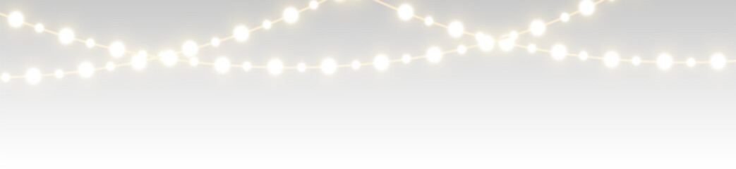 Shiny garland outlines New Year banner. Circle of light forms magical border. Soft yellow bulbs hang on thread. Twilight glow fills joyful evening sky © HAIK