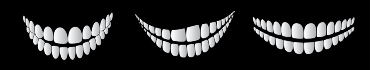 Three white teeth displayed on a solid black background vector art.