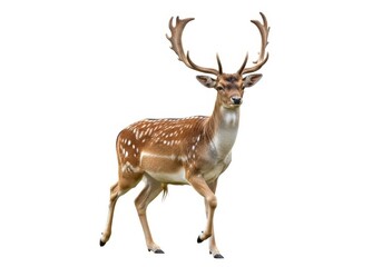 Naklejka premium Majestic fallow deer buck with antlers standing proudly against white background