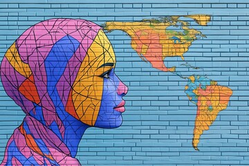 Mural of a woman looking at a map of the Americas