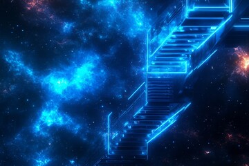 Neon staircase ascending into a vibrant cosmic nebula