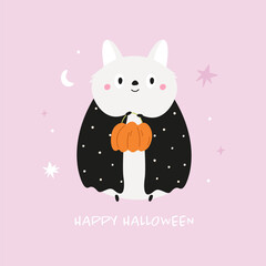 Cute Halloween Bat Character Holding a Pumpkin. Animal Festive Illustration for Kids.