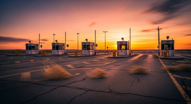 Abandoned border checkpoint at dusk evokes a sense of desolation and the passage of time - Powered by Adobe