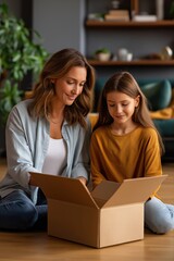 Caucasian female adult and female child unboxing in cozy home setting