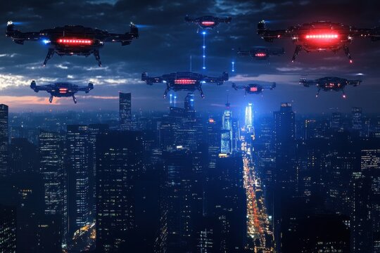 Futuristic cyberpunk city at night with glowing drones