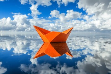 Orange Paper Boat Floating on Water Reflecting a Cloudy Sky