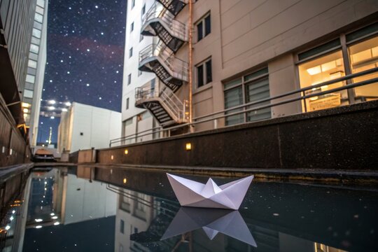 Origami Paper Boat Floating on Water Beneath a Starry Night - Powered by Adobe