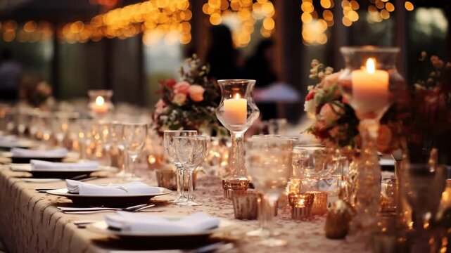 Elegant wedding table setting with soft candlelight and floral decor. Captured at eye level, perfect for a romantic event video backdrop. Live desktop wallpaper.