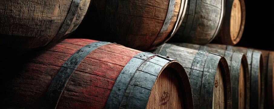 A close-up shot of stacked wooden barrels with metal bands, some red-stained and aging