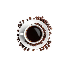 Black coffee in a cup on a white saucer with coffee beans on a white background
