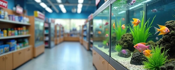 Bright pet shop interior several large fish tanks. Colorful tropical fish swim among green water plants, rocks. Pet food, treats, supplies fill blurred background shelves. Modern retail business