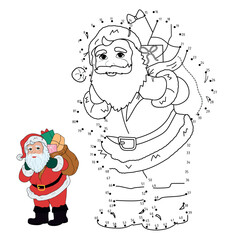 Cute Santa Claus with gifts numbers game. Christmas education dot to dot game illustration for children. 
