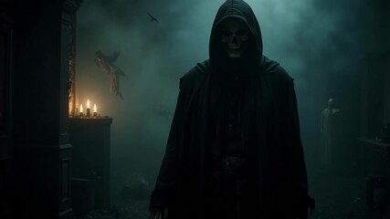 Eerie Halloween Ambience A shadowy figure emerges from the darkness in slow zoom, creating suspense and mystery for horror themed projects - Powered by Adobe