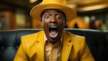 Man in bright yellow suit and hat expressing surprise with wide open mouth, symbolizing excitement, humor, lifestyle and vibrant emotional reaction.