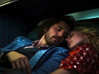 Young couple asleep together in close embrace indoors, symbolizing intimacy, romance, trust, emotional connection and the quiet tenderness of a relationship.