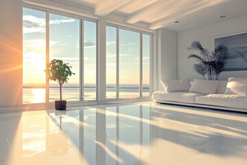 Fototapeta premium Bright living room with a view of the ocean at sunset showcasing modern design elements