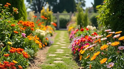 A sunny garden path adorned with colorful flowers, evoking a cheerful and peaceful outdoor ambiance.