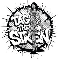 Tag The Siren Pin-Up Woman Covered in Tattoos and Graffiti Tags Black and White Vector
