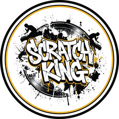 Scratch King Graffiti Text with DJ Silhouette and Vinyl Record in Urban Grunge Circle Vector