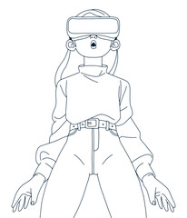 VR Girl Coloring Page - Line Art Vector Illustration