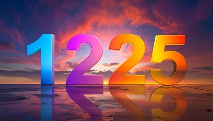 Bold, colorful numbers "1225" reflected in a reflective surface with a vibrant sunset sky background. The numbers appear 3D