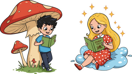 Cartoon boy and girl reading fairy tale books, children enjoying fantasy stories, magical illustration with mushroom, cloud, stars, and imagination