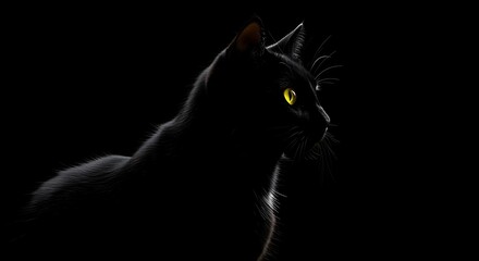 Mysterious Black Cat with Glowing Yellow Eyes in Darkness.