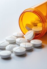 White pills and pills spilling out of pill bottle top view macro with copy space