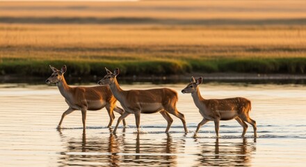Three graceful antelopes wading through shallow water at sunset