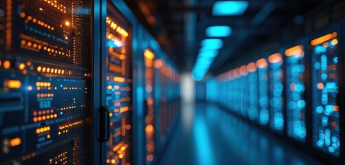 Server room with rows of computer servers. Data center network with many racks, hardware. Technology innovation in digital computer systems. Cyberspace with online database storage, processing.