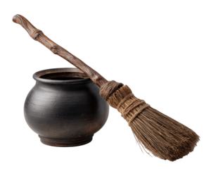 Spooky witch broomstick leaning against black cauldron. This magical prop for Halloween sorcery evokes sense of ancient witchcraft and mysterious spell