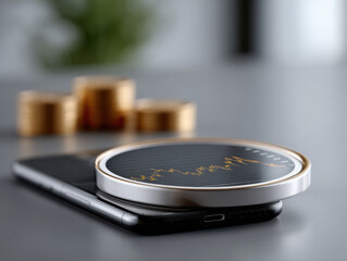 Cryptocurrency coin showing market chart on smartphone