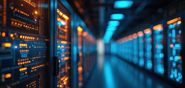 Server room with rows of computer servers. Data center network with many racks, hardware. Technology innovation in digital computer systems. Cyberspace with online database storage, processing. - Powered by Adobe