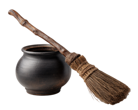 Spooky witch broomstick leaning against black cauldron. This magical prop for Halloween sorcery evokes sense of ancient witchcraft and mysterious spell