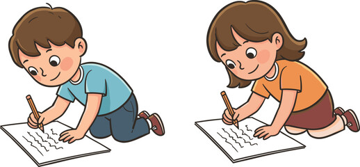 Cute children writing on paper, happy boy and girl studying, kids learning, childhood education, classroom activity, handwriting practice, schoolwork illustration
