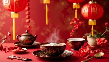 Fototapeta premium Celebrating Lunar New Year with a steaming bowl of Asian food, tea, and festive red lanterns on a traditional table setting