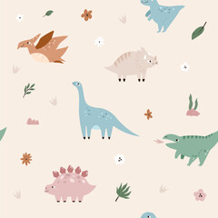 Cute Dinosaur Seamless Pattern. Dino and Flowers Background. Pastel Jurassic Dino Print for Baby and Kids' Fabrics