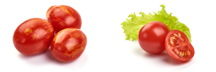 Fresh colorful sweet rustic tomatoes, isolated on white background