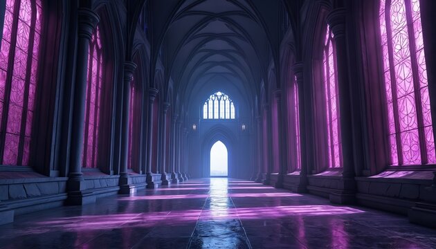 Gothic hall interior with purple light effect, shiny floor. Long corridor with stained glass window, columns creates mystical atmosphere. Fantasy stone building with majestic architecture, light - Powered by Adobe