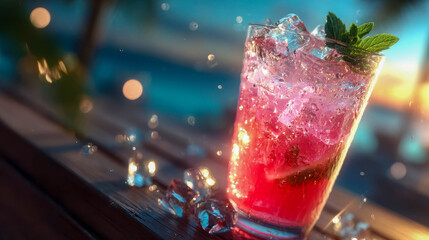 Refreshing raspberry cocktail with mint leaves served at sunset on the beach, symbolizing tropical vacation, relaxation, and summer lifestyle