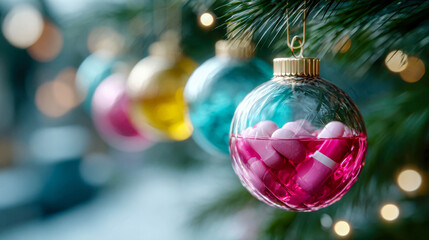 Creative Christmas tree baubles filled with colorful pills and capsules, combining festive decoration with a surreal medical concept