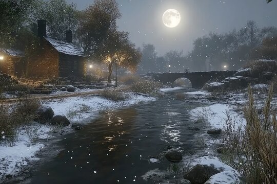 Snowy, moonlit village by a river - Powered by Adobe