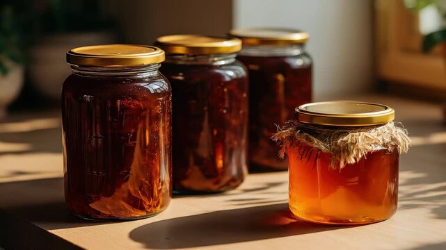 Four jars of honey perched on a windowsill, illuminated by soft natural light, showcasing the beauty of homemade products and the essence of nature&rsquo;s sweetness.