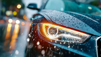 Close-up of luxury car headlights glowing in the rain with raindrops and bokeh, symbolizing elegance, style, and automotive design
