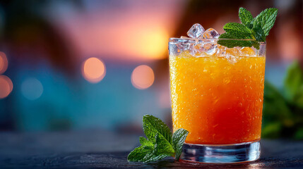 Refreshing cocktail with ice and mint leaves served on tropical beach at sunset