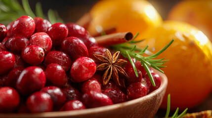 Fresh cranberries with star anise, cinnamon sticks, and oranges, styled as a festive holiday food composition with warm seasonal colors
