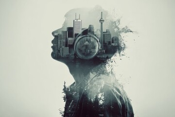 Person wearing headphones overlaid with a cityscape portrait